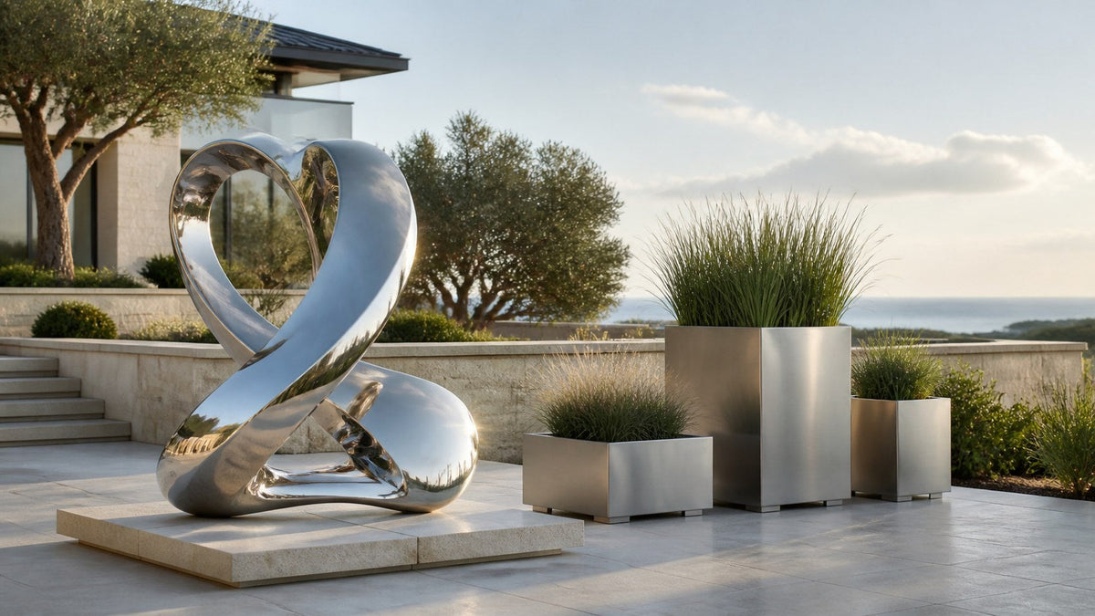 Polished stainless steel sculpture and planters displayed in a modern outdoor garden