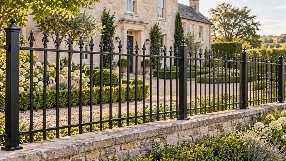 Black spear top iron fence along a stone garden wall in front of a country house