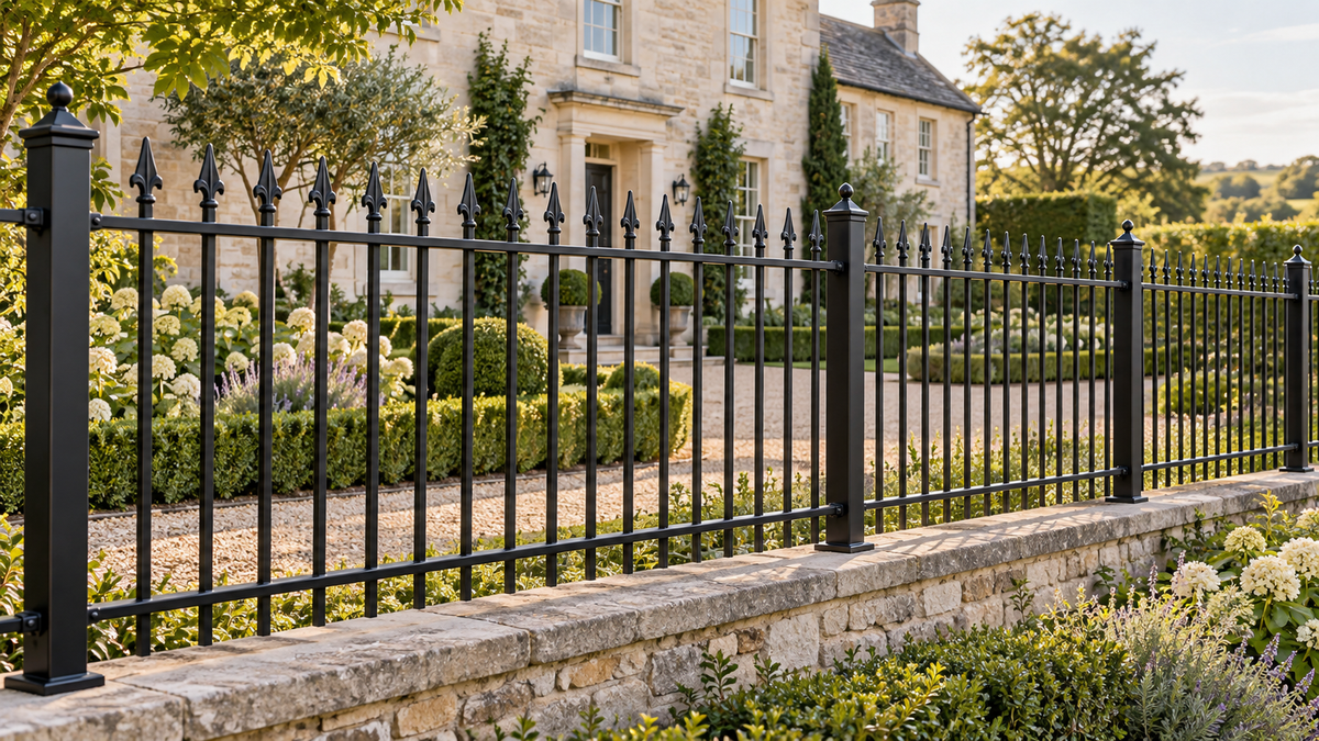 Black spear top iron fence along a stone garden wall in front of a country house