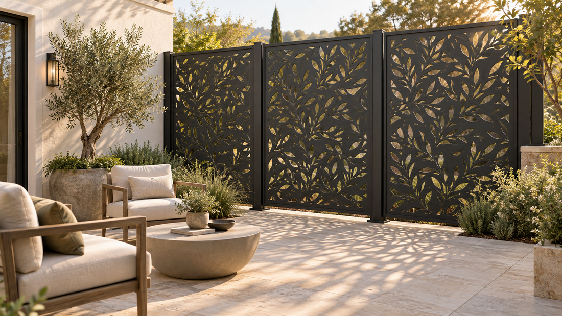 Decorative metal privacy screens with leaf patterns around a modern patio seating area