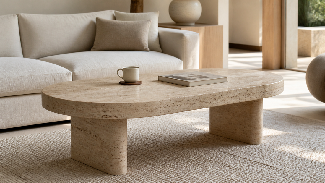 Durable natural travertine coffee table in a luxury living room