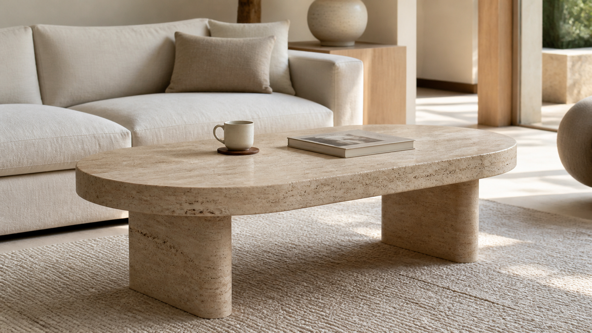Durable natural travertine coffee table in a luxury living room