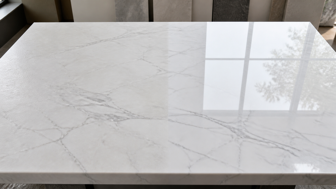 Side-by-side comparison of honed and polished white marble finishes