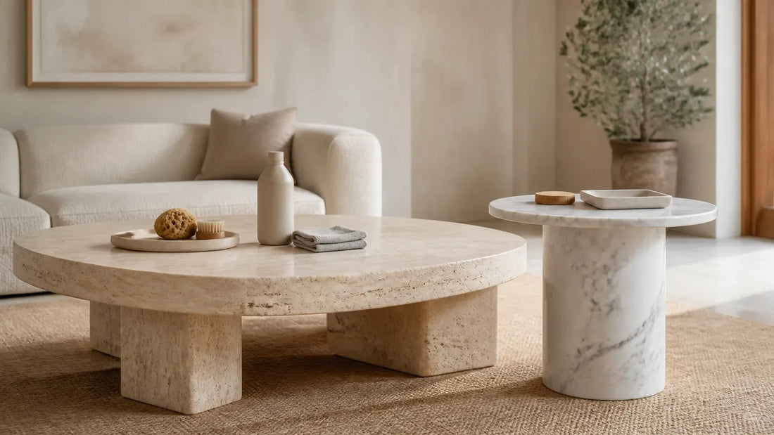 Marble and travertine furniture with soft cloth, stone cleaner, coaster, and tray in a refined living room