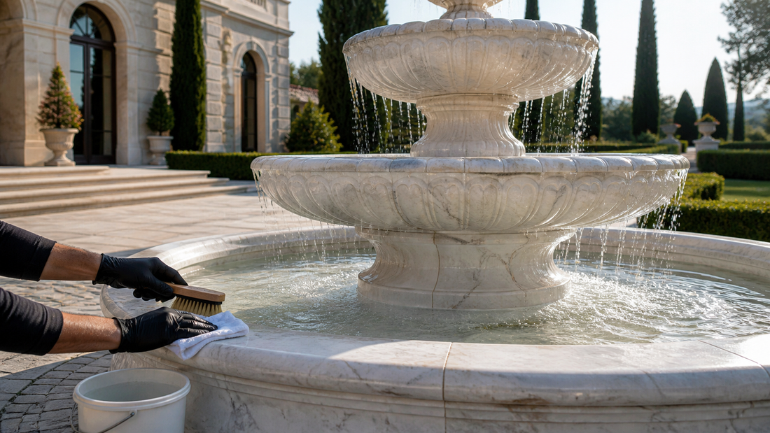 Cleaning and maintaining an outdoor white marble fountain in a luxury villa garden