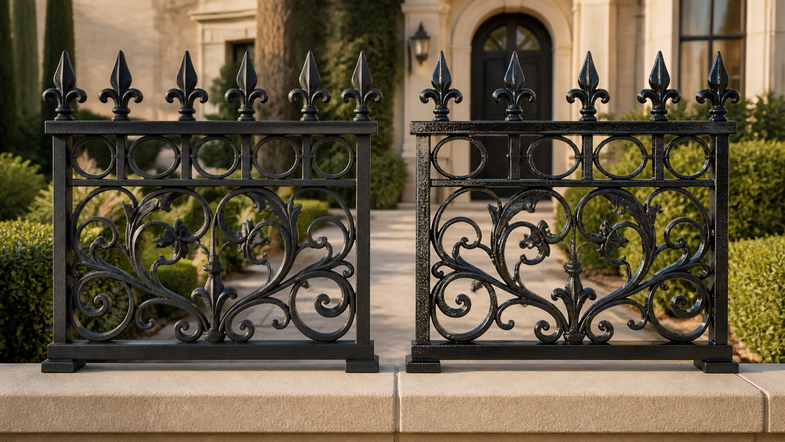 Powder-coated and painted ornamental iron fence panels outside a luxury villa