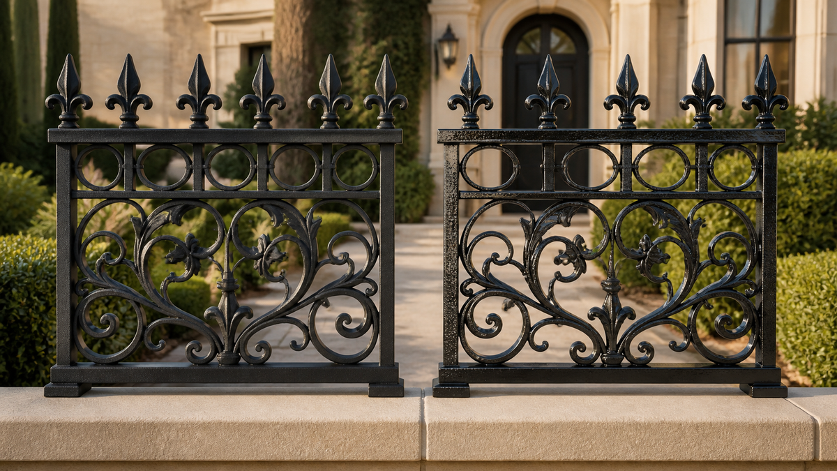 Powder-coated and painted ornamental iron fence panels outside a luxury villa