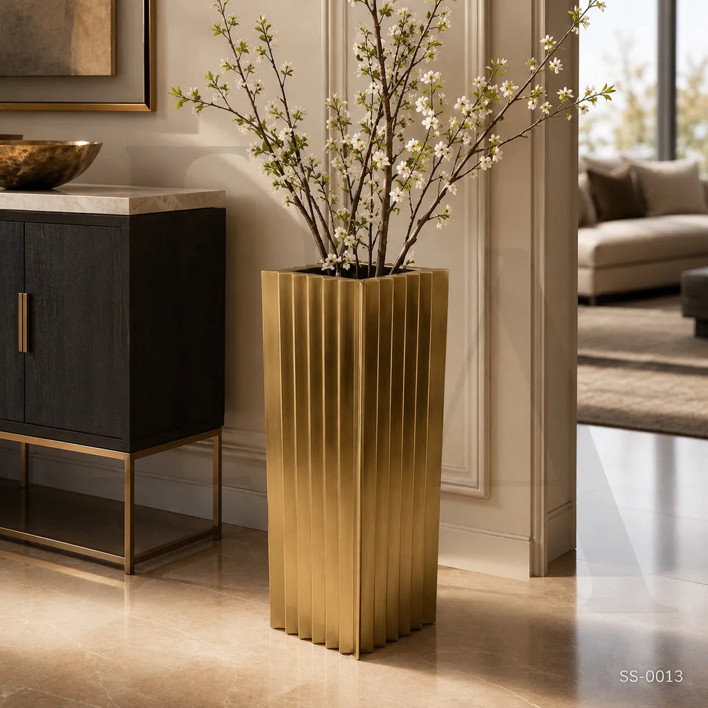 Modern Fluted Gold Stainless Steel Floor Planter