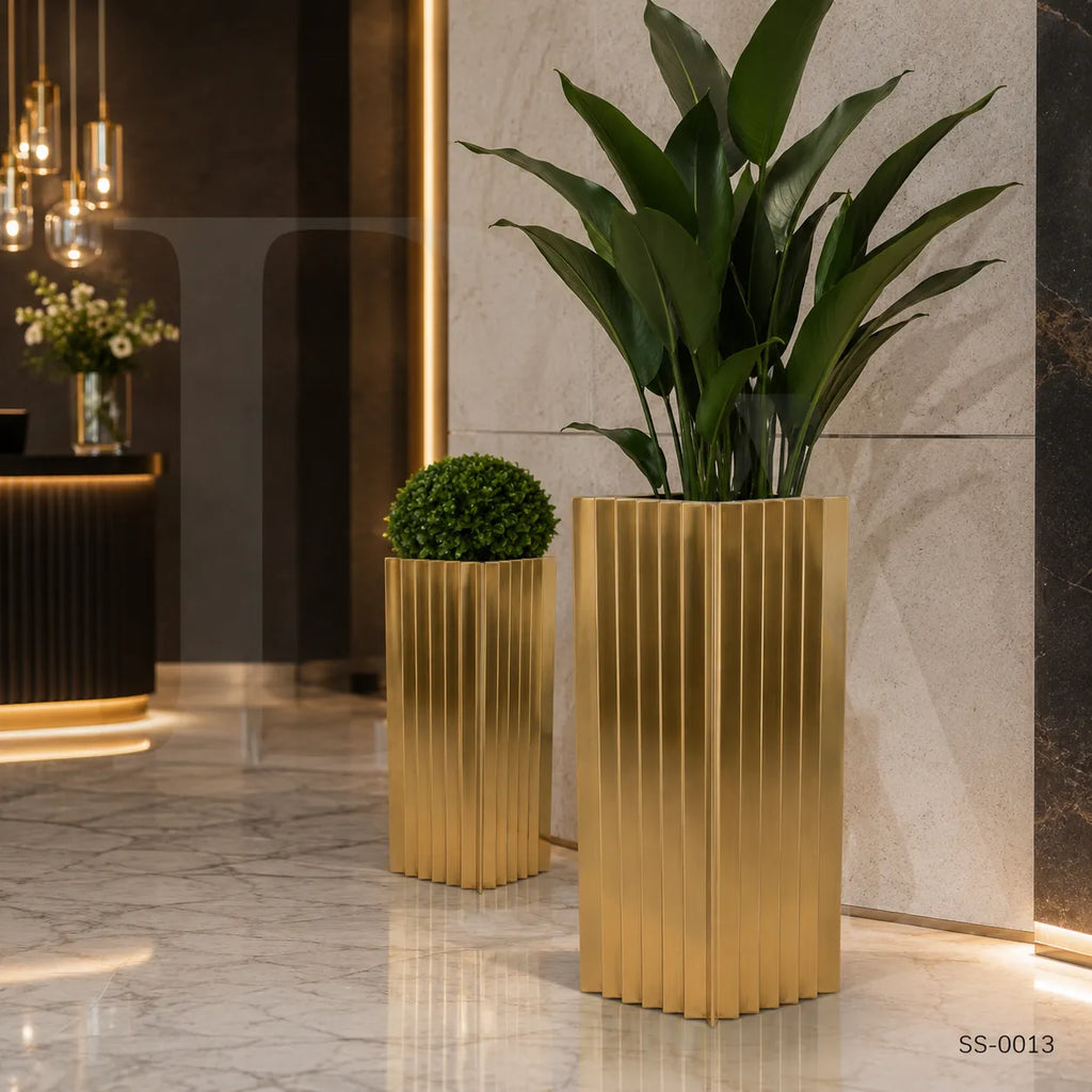Modern Fluted Gold Stainless Steel Floor Planter