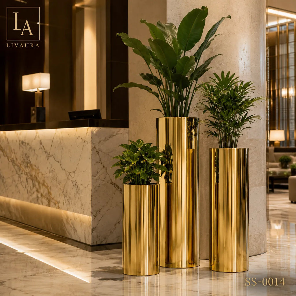 Luxury Mirror Gold Stainless Steel Cylinder Floor Planter