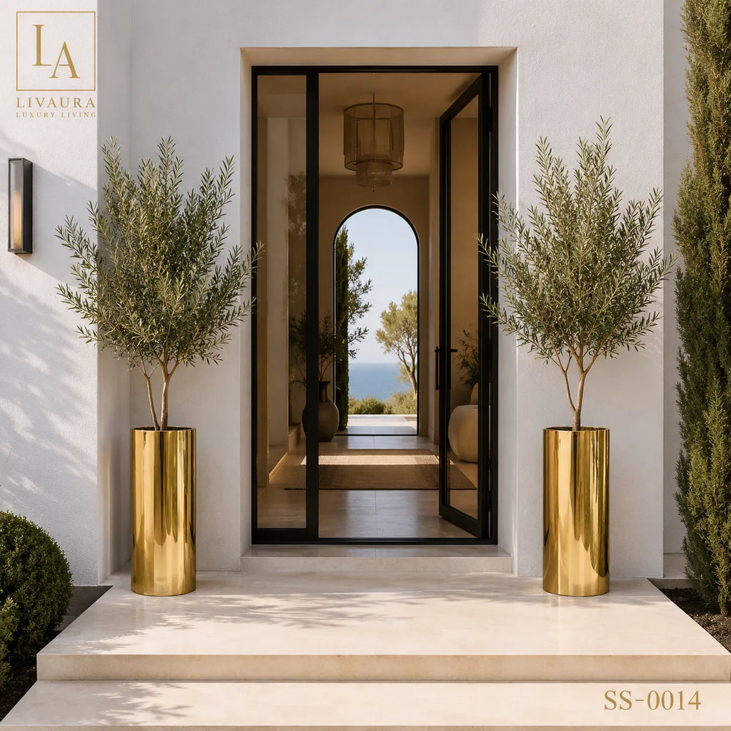 Luxury Mirror Gold Stainless Steel Cylinder Floor Planter