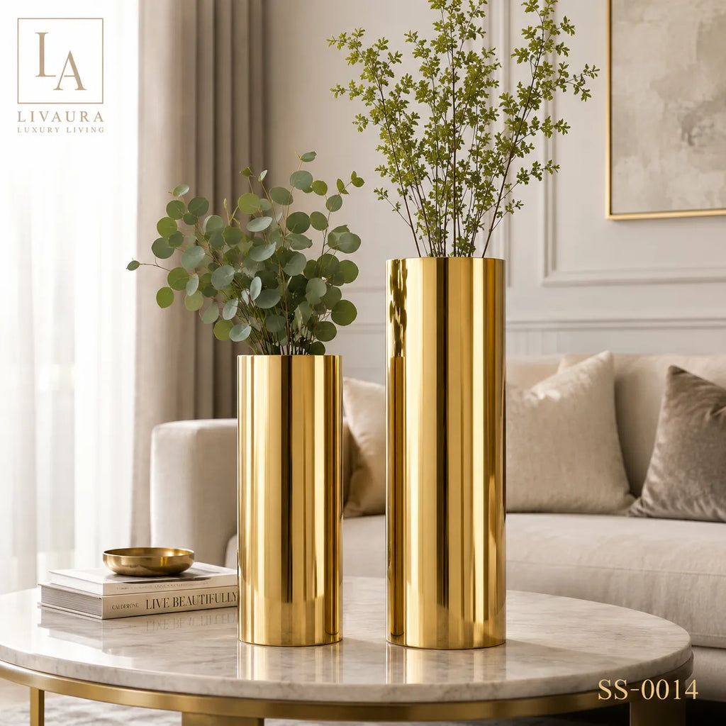 Luxury Mirror Gold Stainless Steel Cylinder Floor Planter