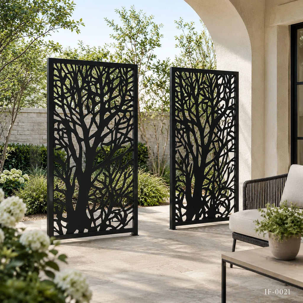 Custom Tree Pattern Wrought Iron Privacy Fence Panel for Gardens & Outdoor Living