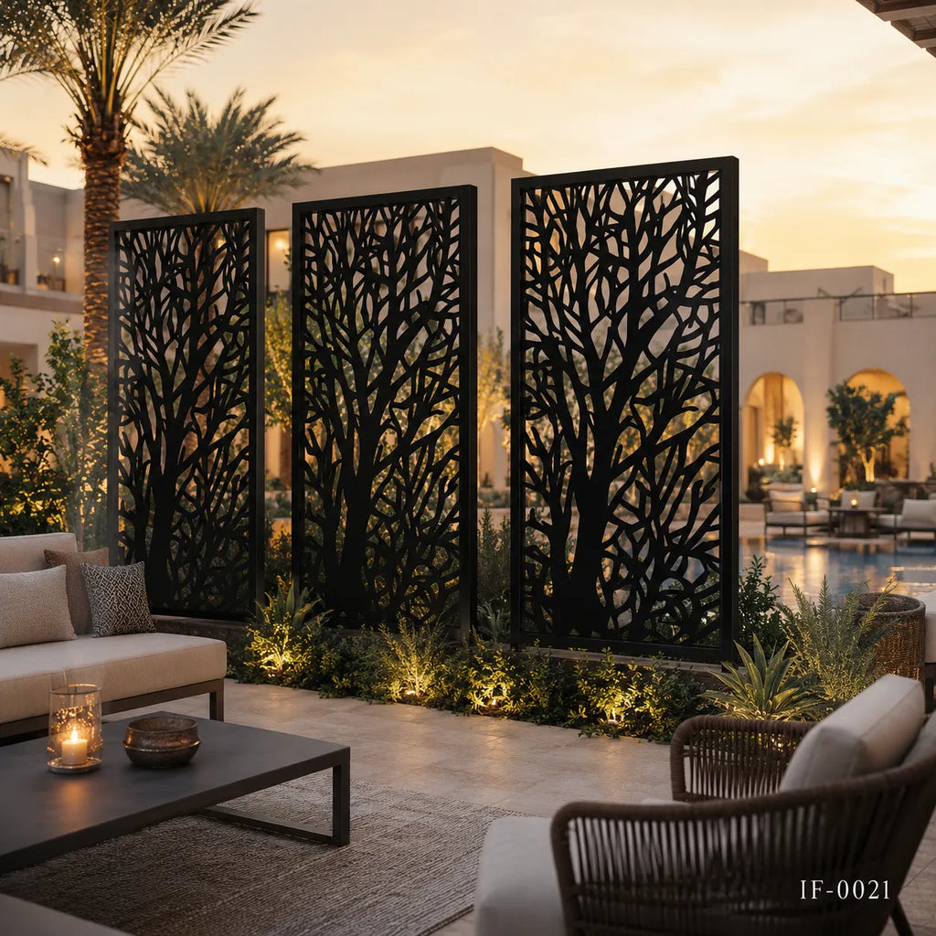 Custom Tree Pattern Wrought Iron Privacy Fence Panel for Gardens & Outdoor Living