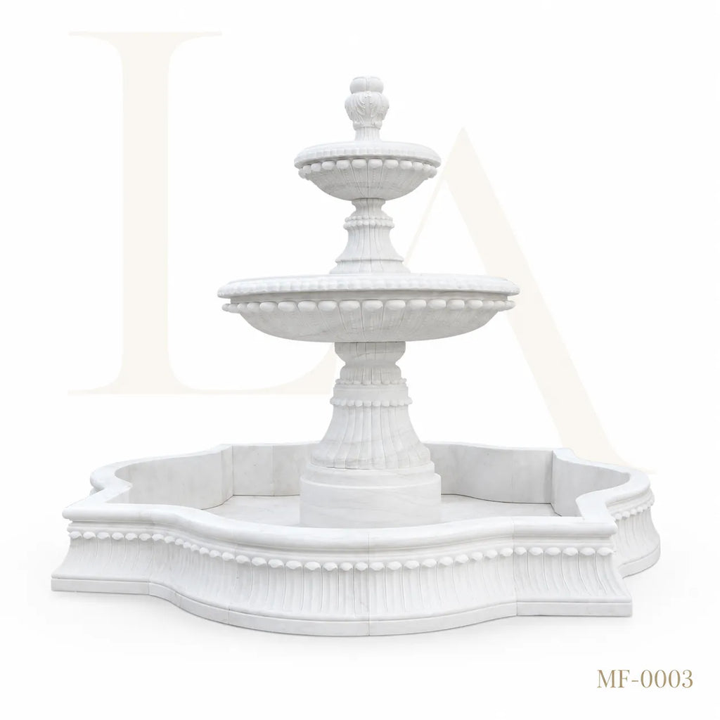 Grand Three-Tier White Marble Garden Fountain with Ornamental Basin