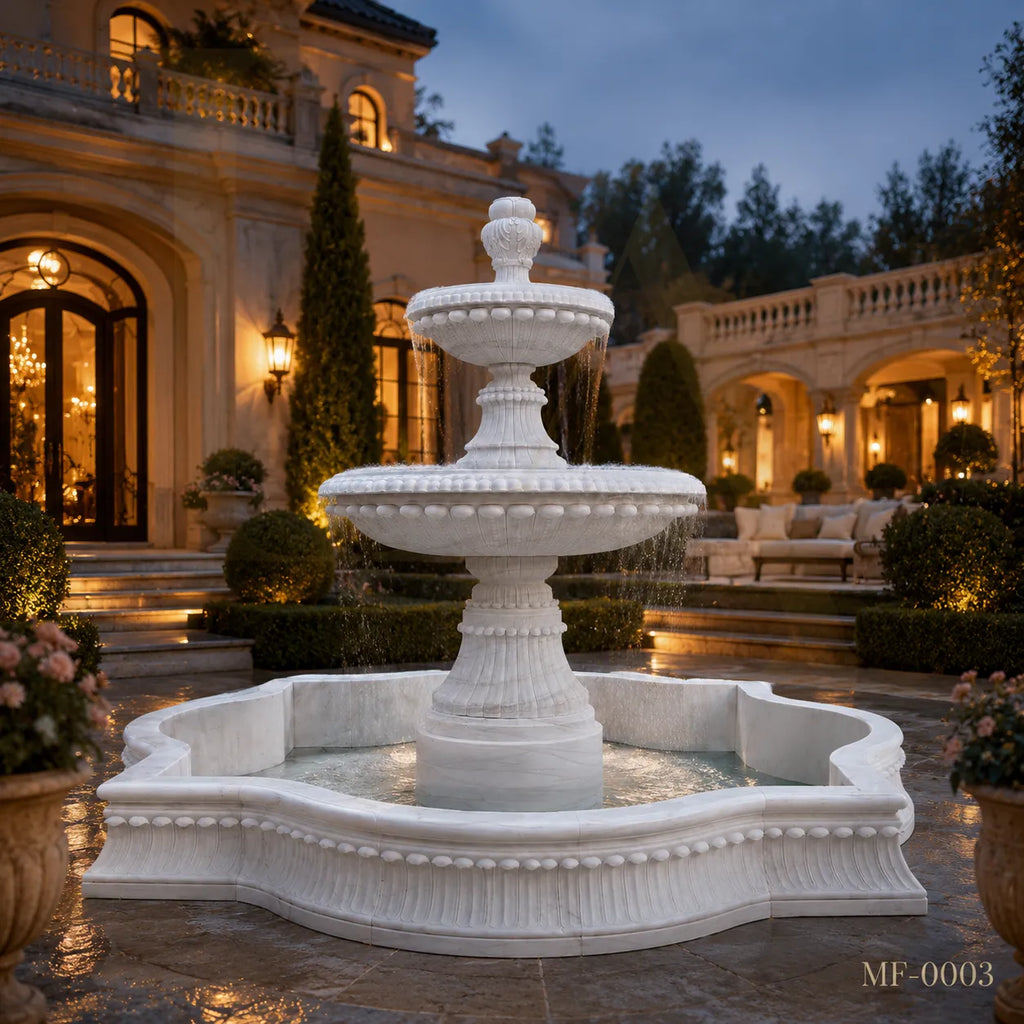 Grand Three-Tier White Marble Garden Fountain with Ornamental Basin