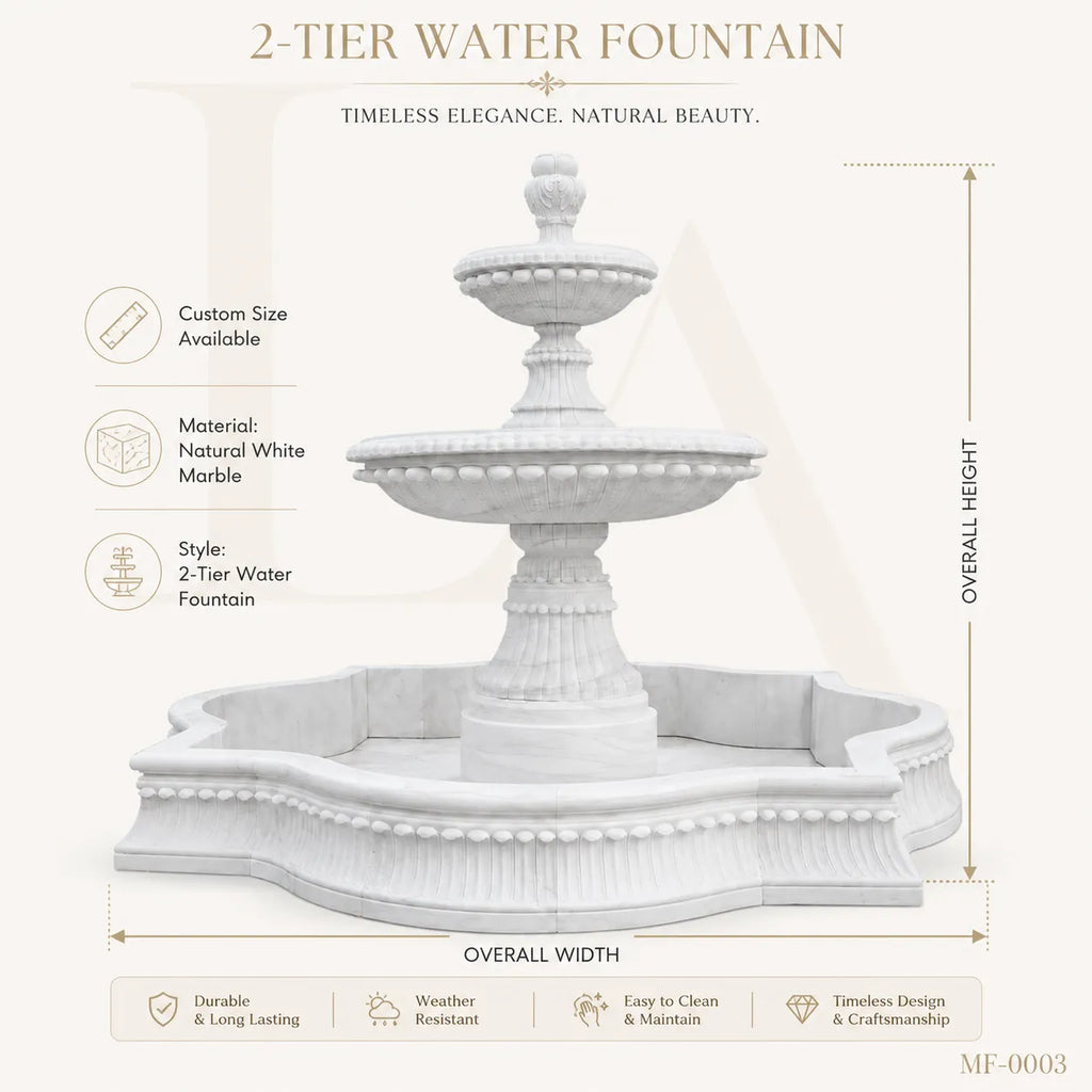 Grand Three-Tier White Marble Garden Fountain with Ornamental Basin