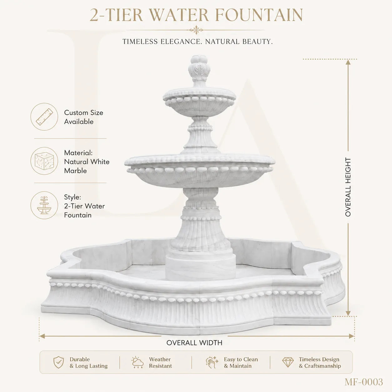 Grand Three-Tier White Marble Garden Fountain with Ornamental Basin