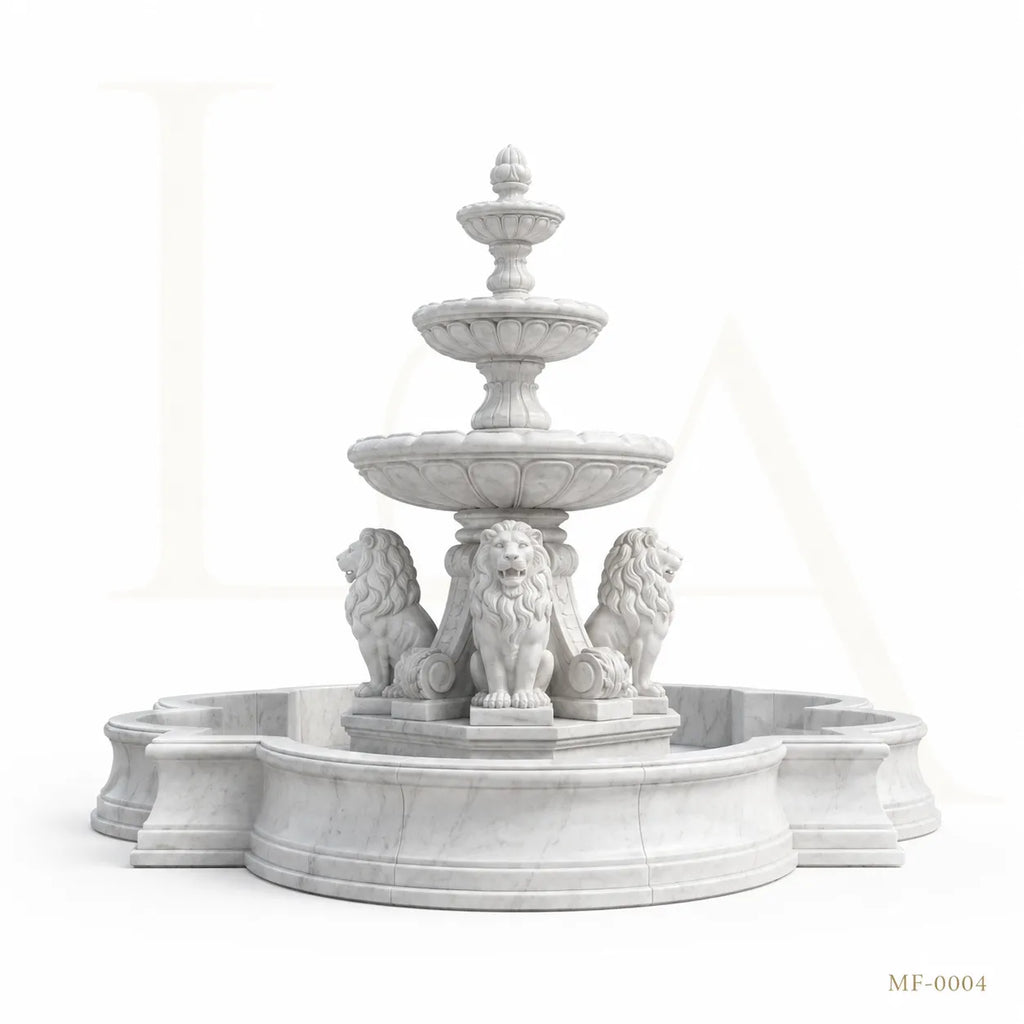 Grand Four-Lion White Marble Estate Fountain with Three-Tier Cascade