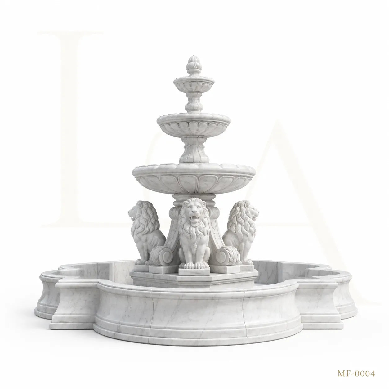 Grand Four-Lion White Marble Estate Fountain with Three-Tier Cascade