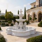 Grand Four-Lion White Marble Estate Fountain with Three-Tier Cascade