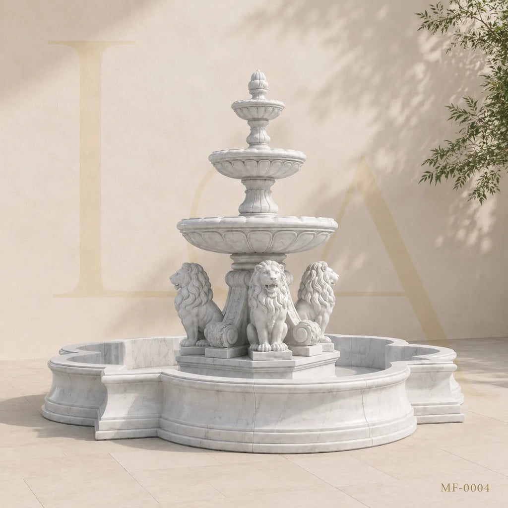 Grand Four-Lion White Marble Estate Fountain with Three-Tier Cascade