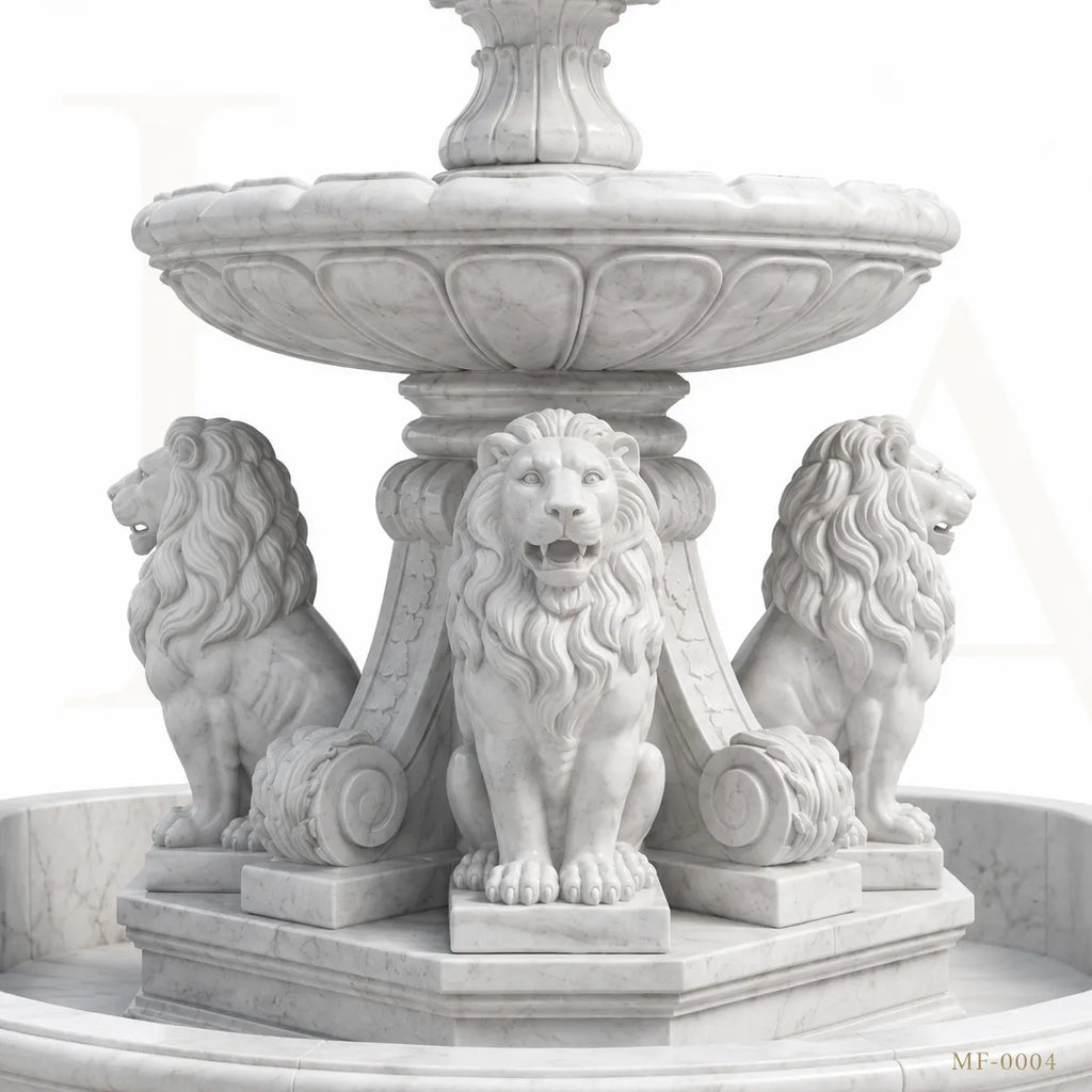 Grand Four-Lion White Marble Estate Fountain with Three-Tier Cascade