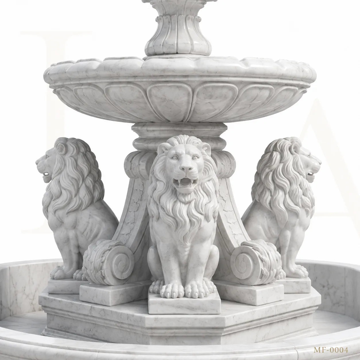Grand Four-Lion White Marble Estate Fountain with Three-Tier Cascade
