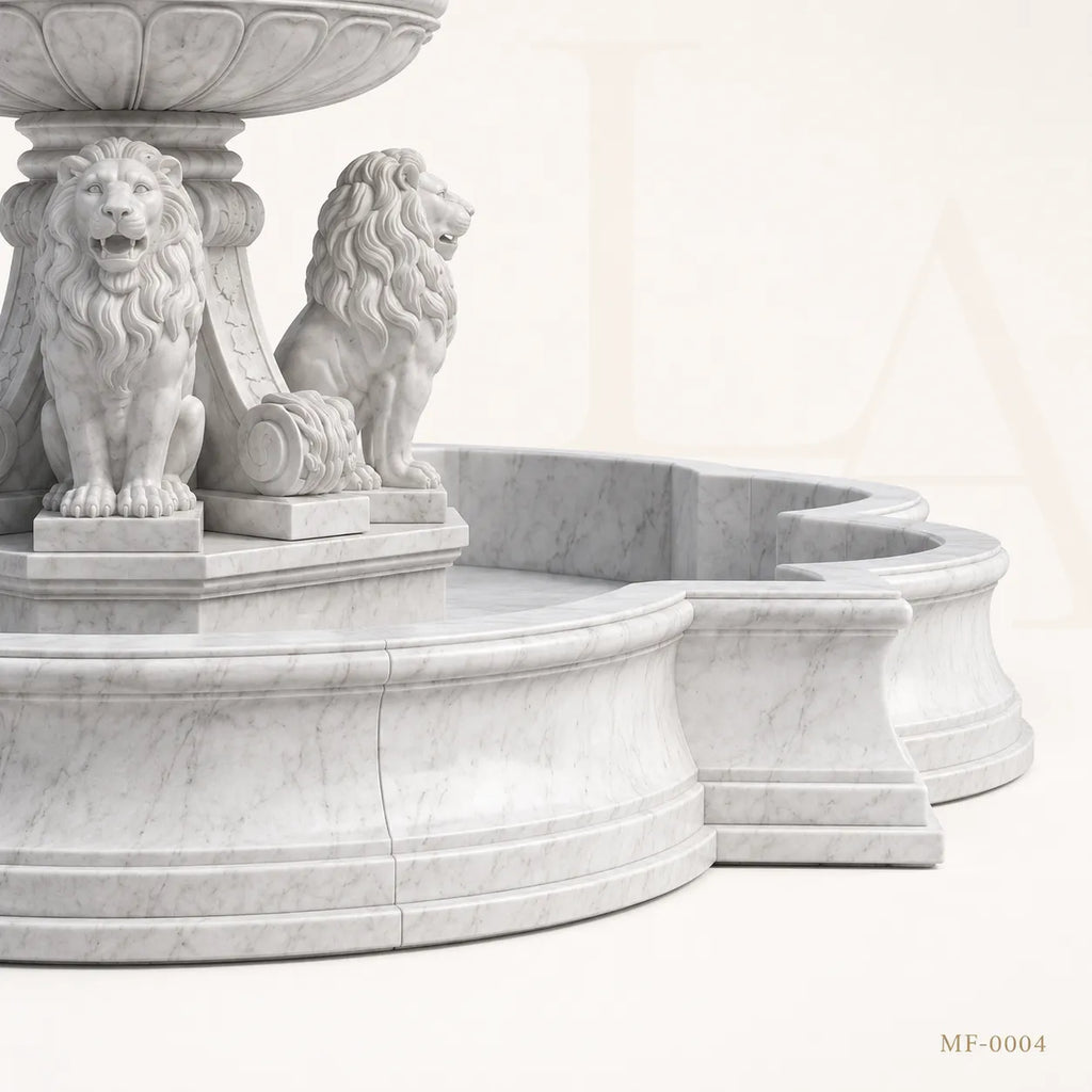 Grand Four-Lion White Marble Estate Fountain with Three-Tier Cascade
