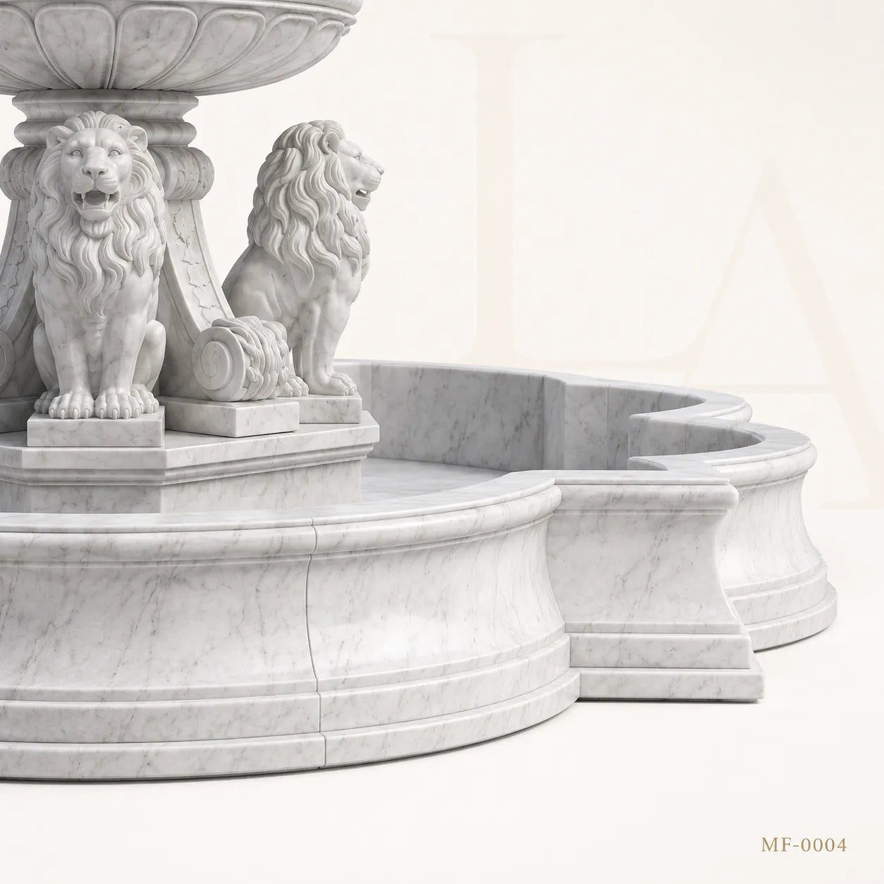 Grand Four-Lion White Marble Estate Fountain with Three-Tier Cascade