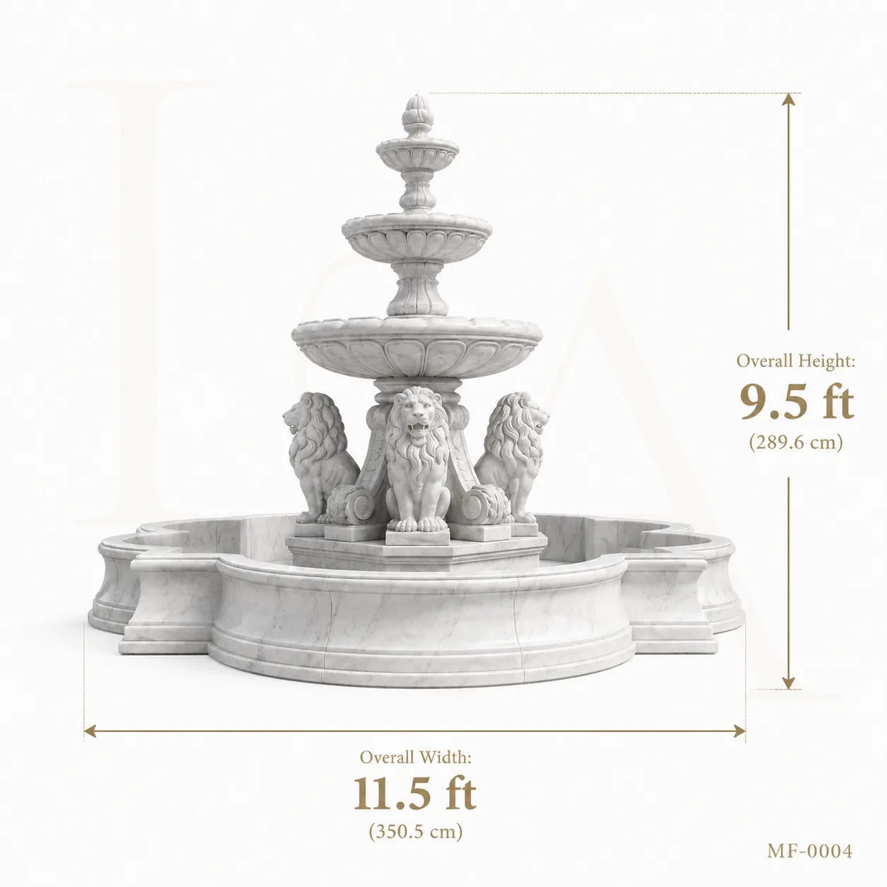 Grand Four-Lion White Marble Estate Fountain with Three-Tier Cascade