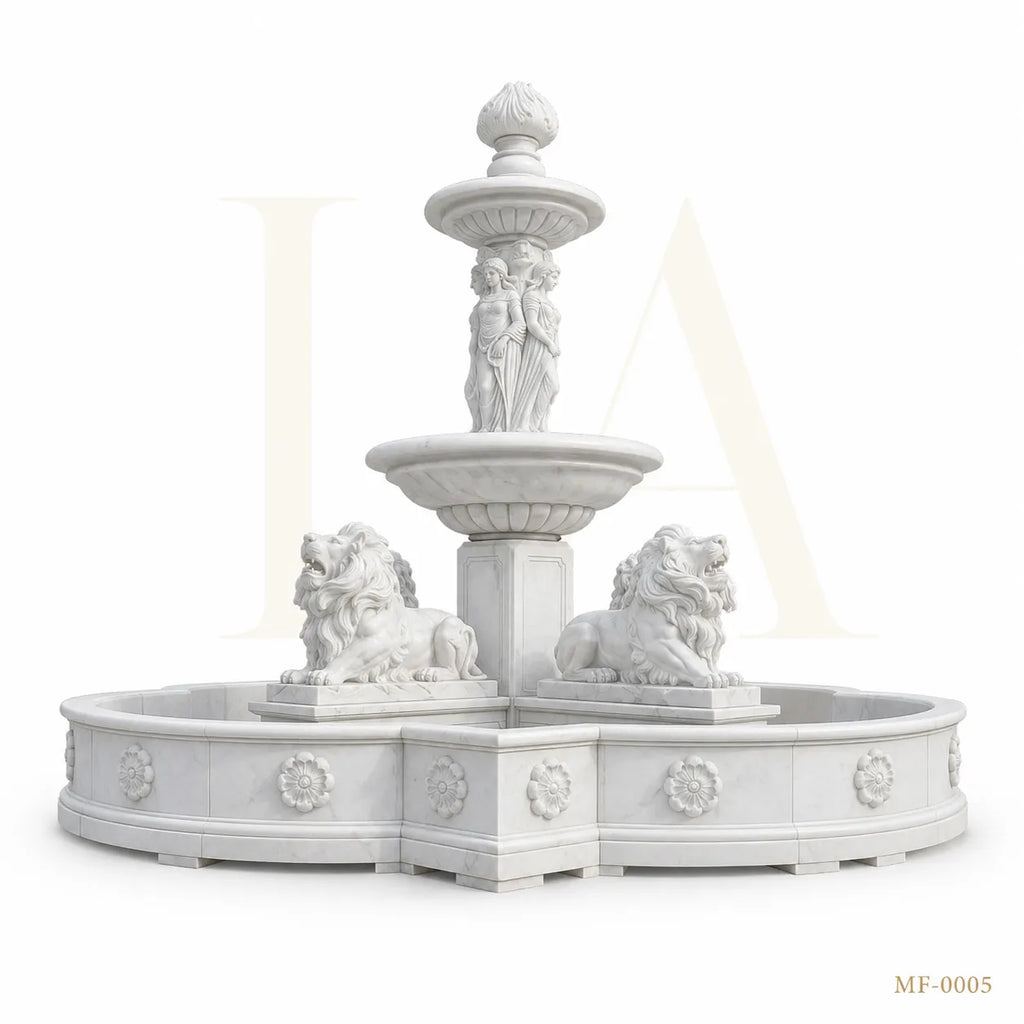 Grand Classical Marble Fountain with Maidens & Guardian Lions