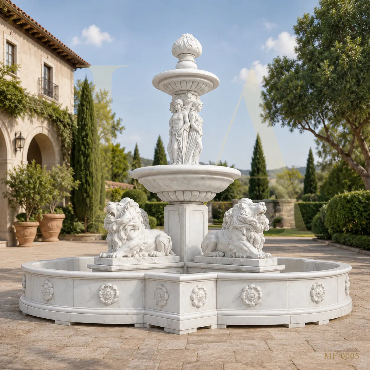 Grand Classical Marble Fountain with Maidens & Guardian Lions