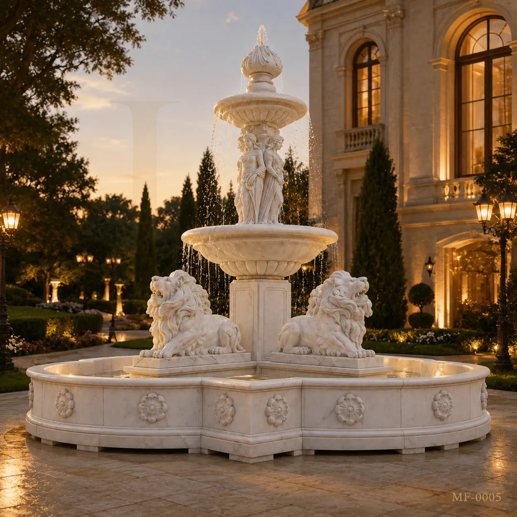 Grand Classical Marble Fountain with Maidens & Guardian Lions