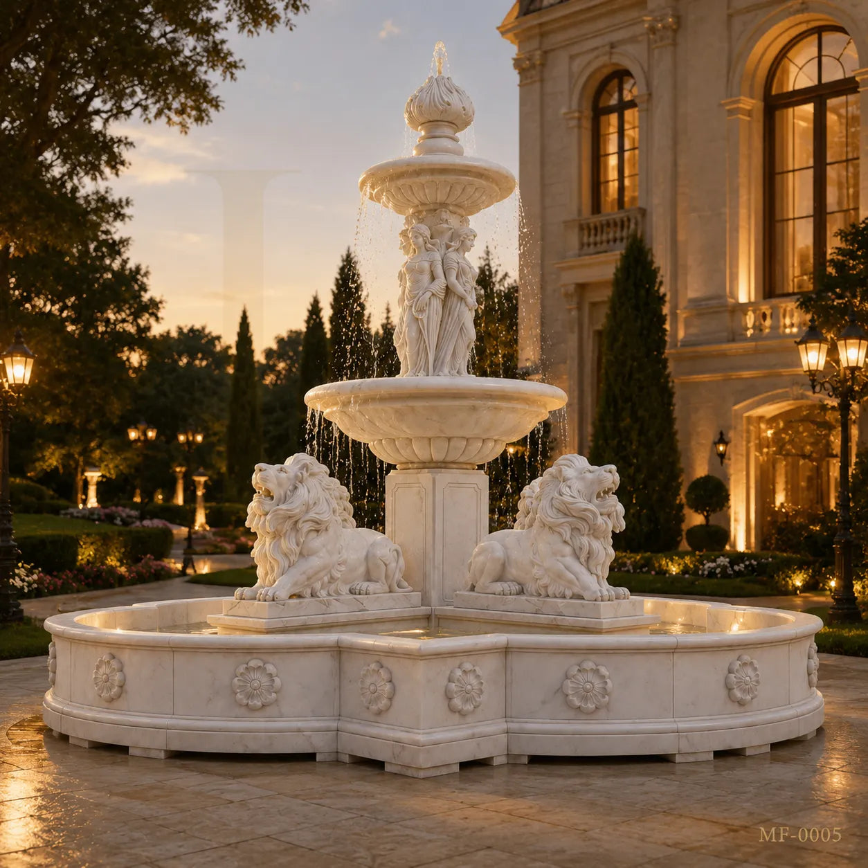 Grand Classical Marble Fountain with Maidens & Guardian Lions