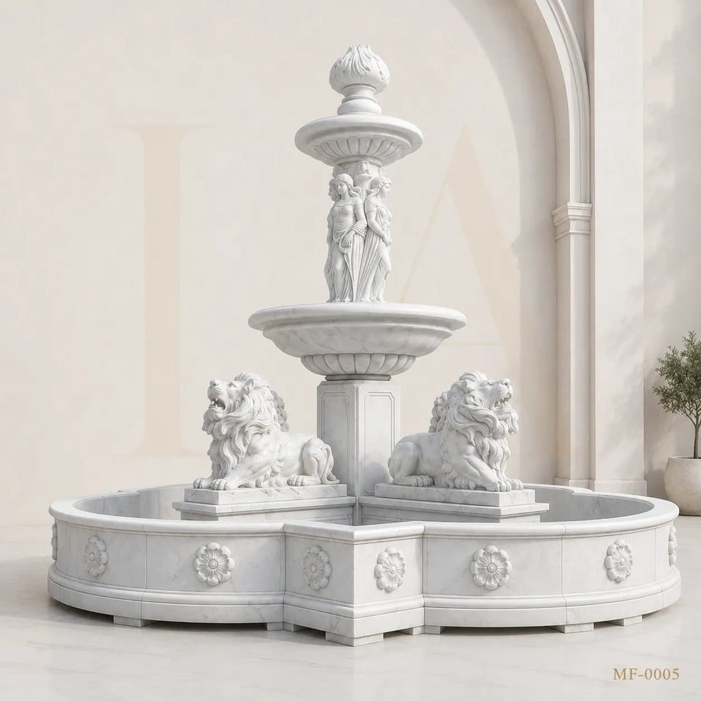 Grand Classical Marble Fountain with Maidens & Guardian Lions
