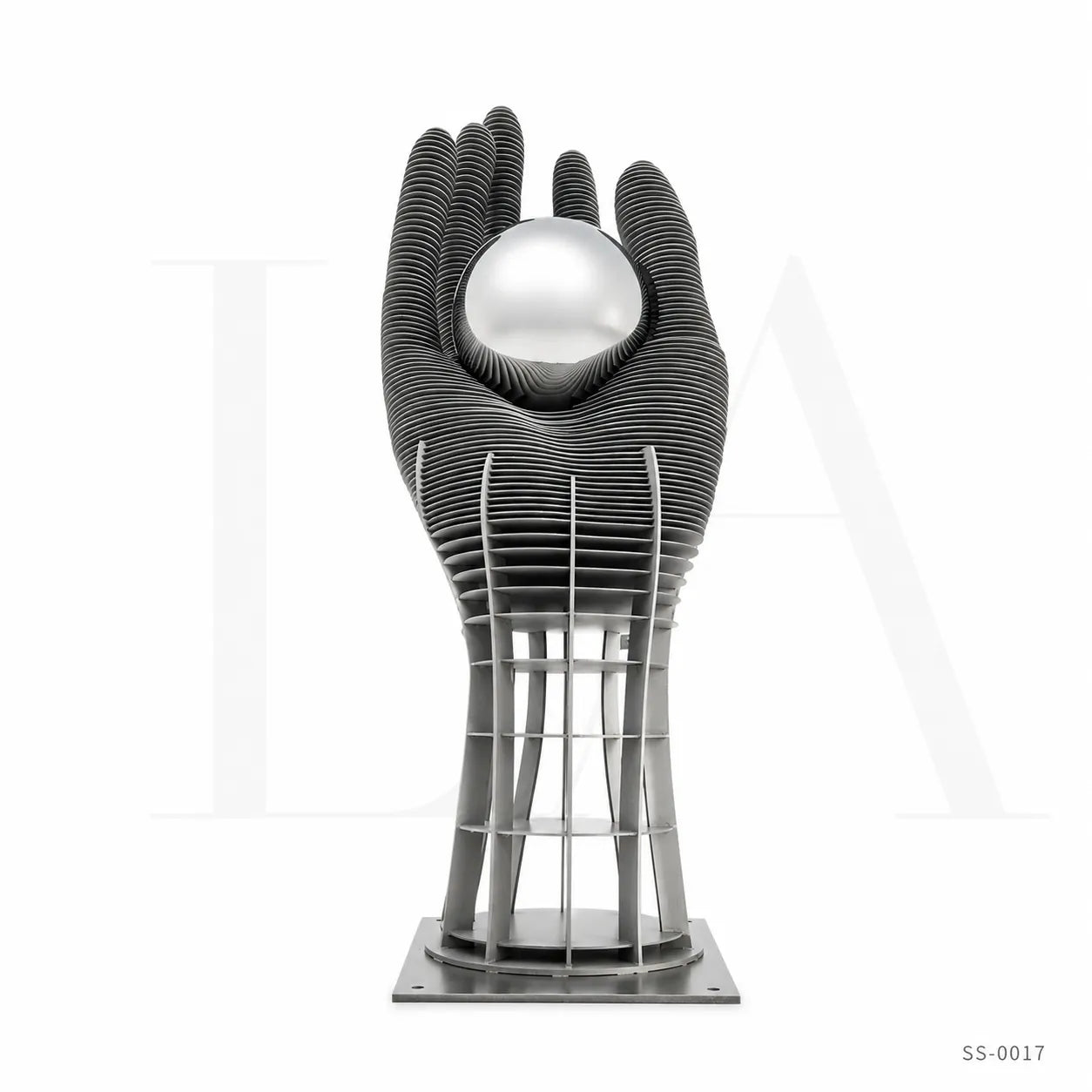 Monumental Stainless Steel Hand Sculpture with Mirror Sphere for Public Art Landscapes