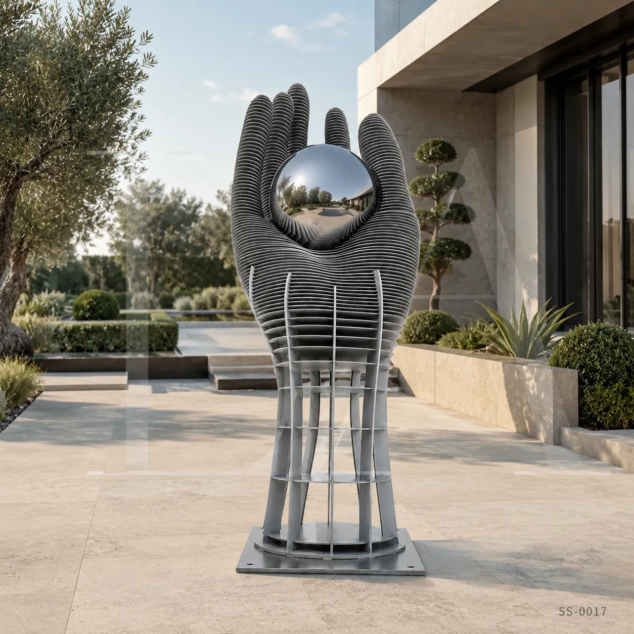 Monumental Stainless Steel Hand Sculpture with Mirror Sphere for Public Art Landscapes