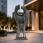Monumental Stainless Steel Hand Sculpture with Mirror Sphere for Public Art Landscapes
