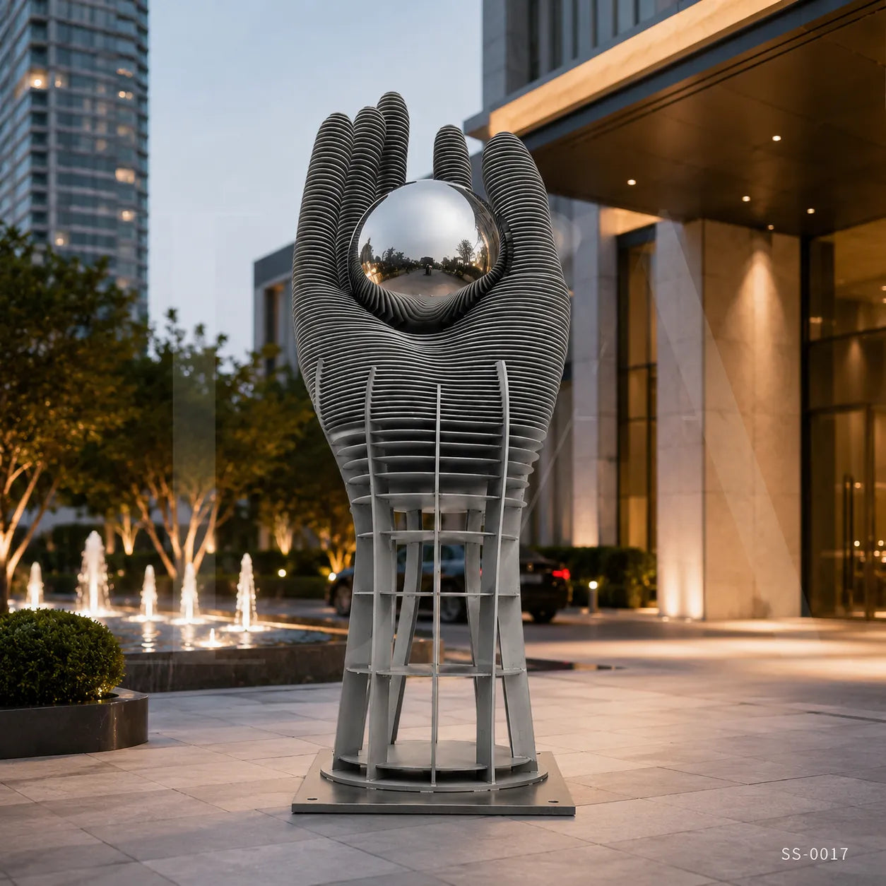 Monumental Stainless Steel Hand Sculpture with Mirror Sphere for Public Art Landscapes