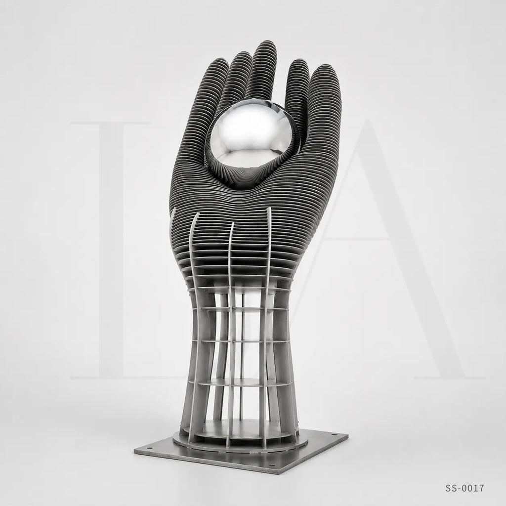 Monumental Stainless Steel Hand Sculpture with Mirror Sphere for Public Art Landscapes