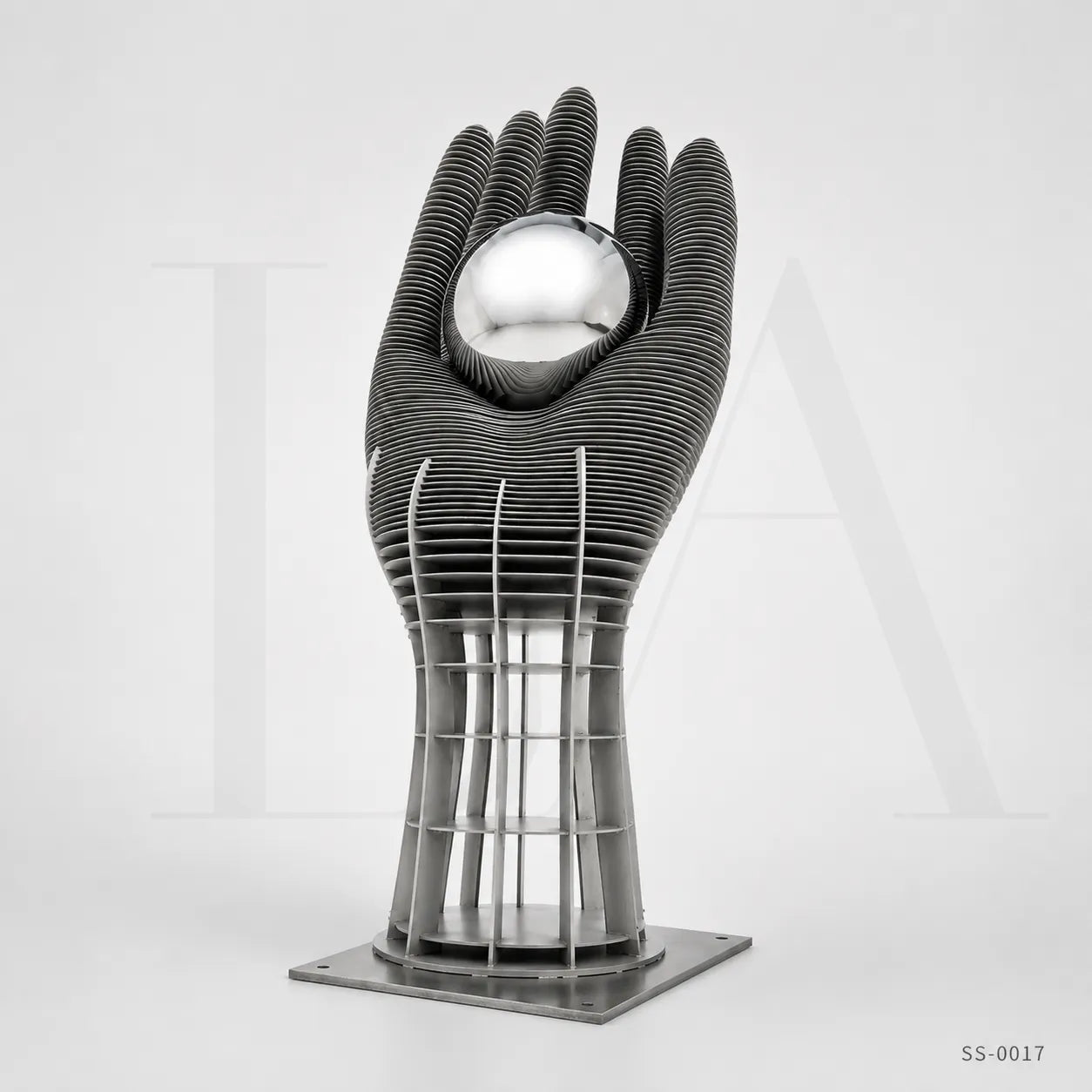 Monumental Stainless Steel Hand Sculpture with Mirror Sphere for Public Art Landscapes
