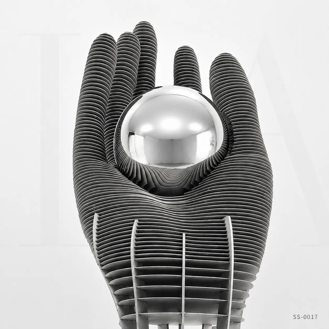 Monumental Stainless Steel Hand Sculpture with Mirror Sphere for Public Art Landscapes