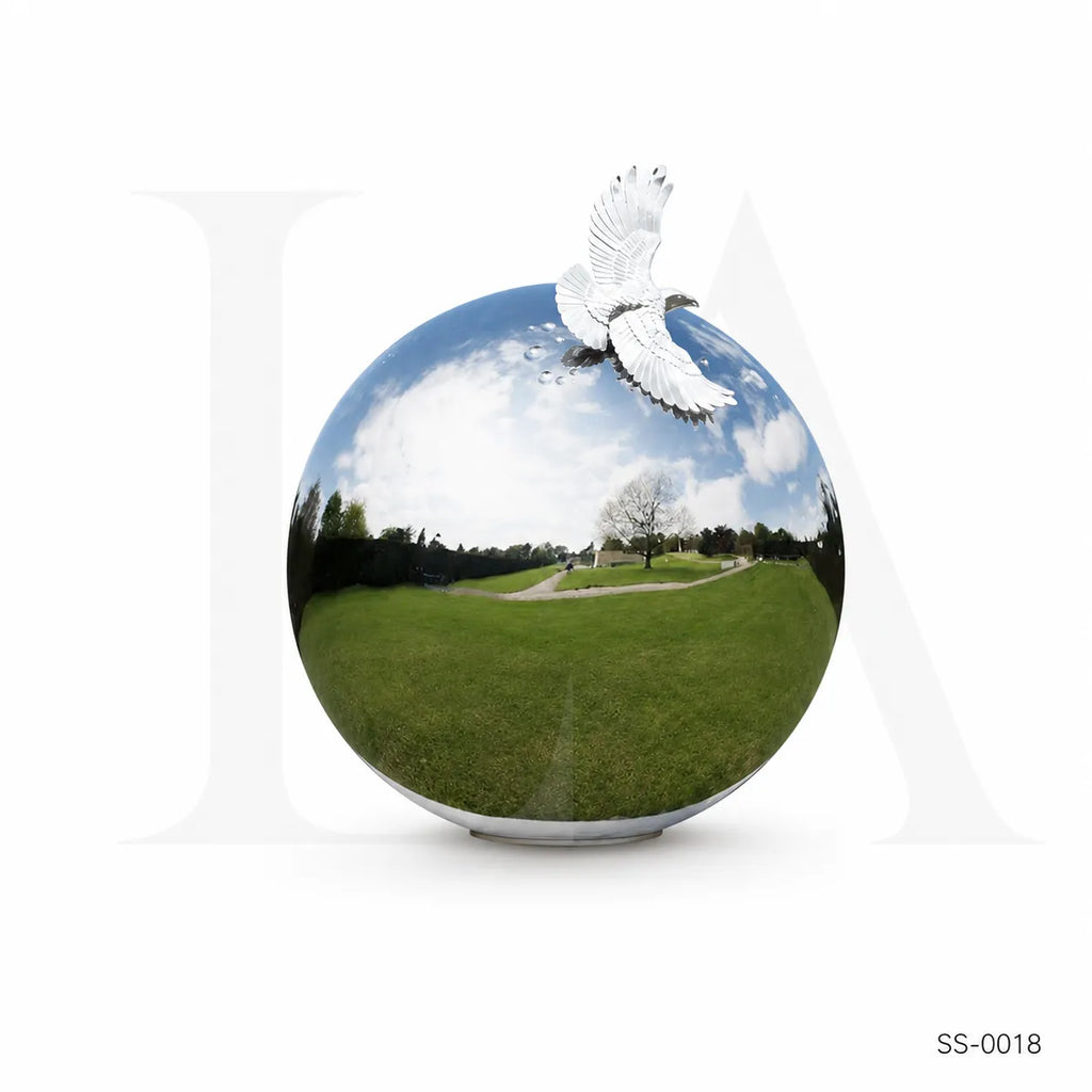 Mirror Polished Stainless Steel Sphere Sculpture with Dove Accent for Luxury Landscapes