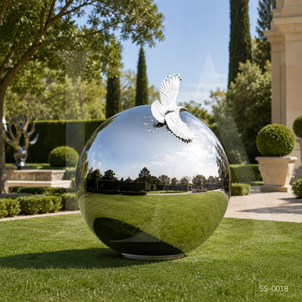 Mirror Polished Stainless Steel Sphere Sculpture with Dove Accent for Luxury Landscapes