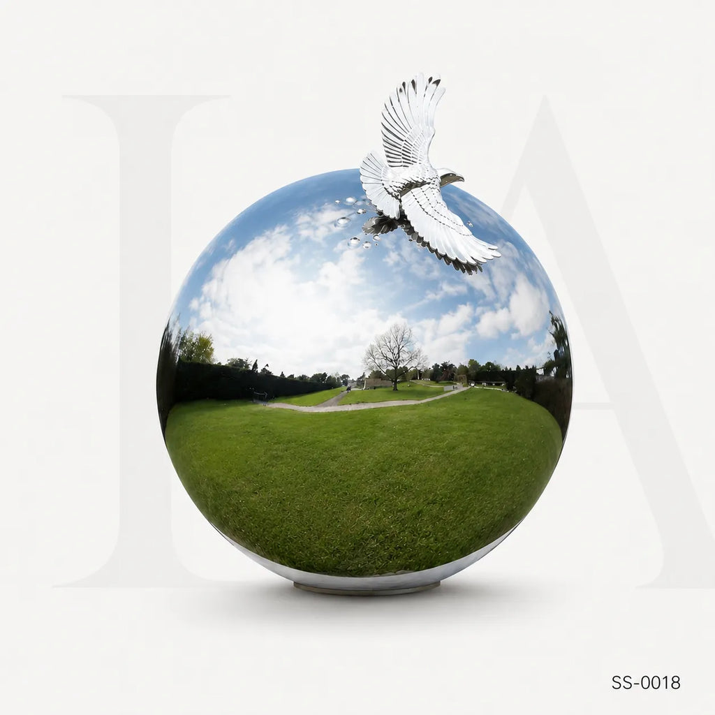Mirror Polished Stainless Steel Sphere Sculpture with Dove Accent for Luxury Landscapes