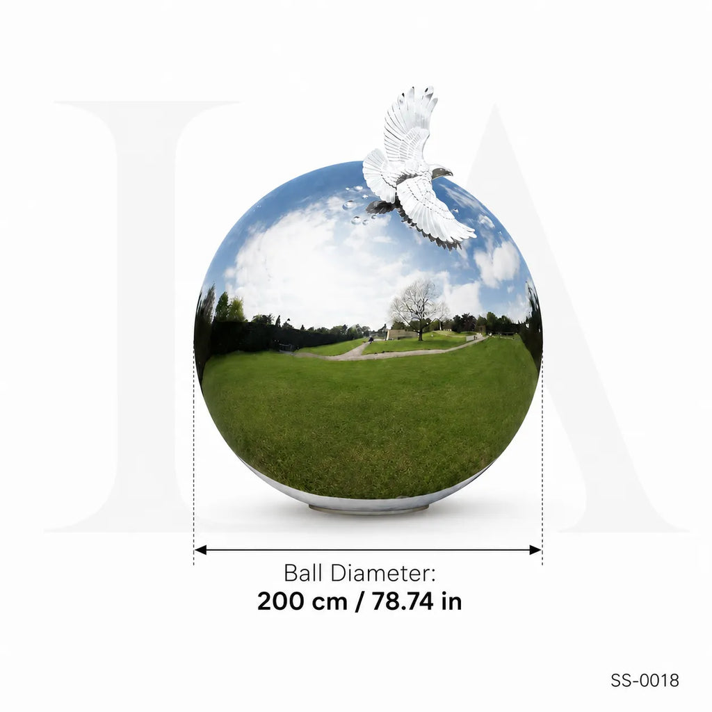 Mirror Polished Stainless Steel Sphere Sculpture with Dove Accent for Luxury Landscapes