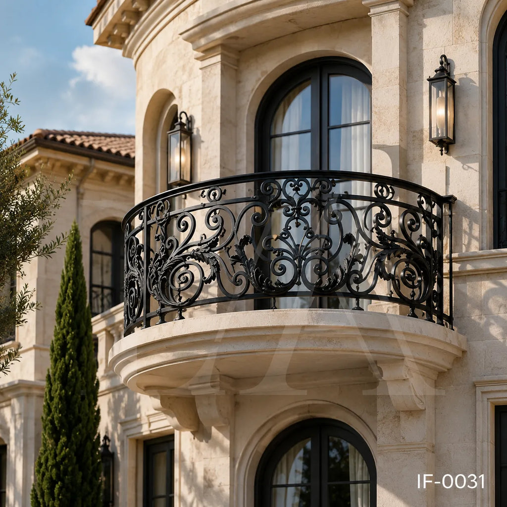 Custom Luxury Wrought Iron Curved Balcony Railing for French Style Villas