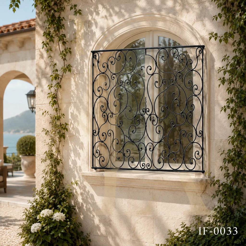 Custom French Style Wrought Iron Balcony Panel with Ornamental Scrollwork