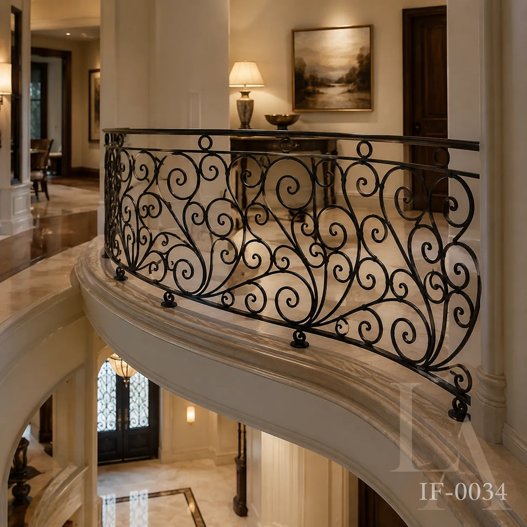 Custom Curved Wrought Iron Balcony Railing with Classical Scrollwork